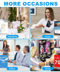 Collage showing Crystal Clear 8.5 By 11 Inch Acrylic Sign Holder Set in use at wedding, hotel, office, and shop settings.