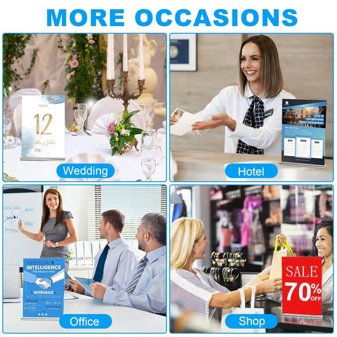 Collage showing Crystal Clear 8.5 By 11 Inch Acrylic Sign Holder Set in use at wedding, hotel, office, and shop settings.