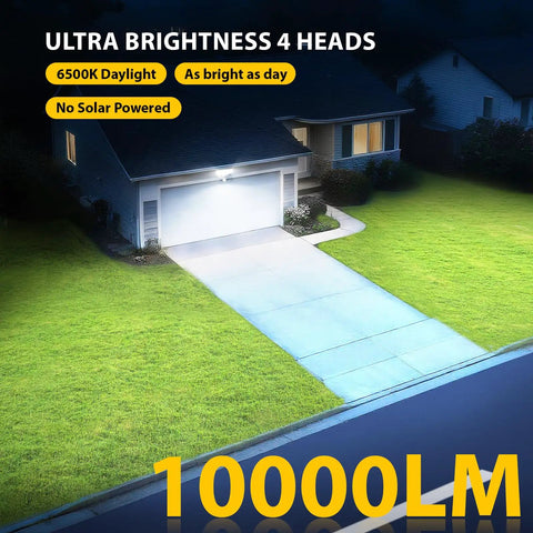 Heavy Duty Four Head Motion Sensor Security Spotlight 90W That Straight Up Blasts 10k Lumens Rock Solid Daylight Flood Lamp Built Tough For Legit Garage Yard Porch Coverage