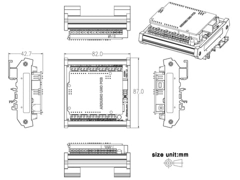 Din Rail Mount Pinout Breakout Terminal Block Module For UNO R3 Builds With 3.81mm Pitch Screw Terminal 26-16AWG Wire Range 5mm Strip M2 Slotted Screw For Easy Industrial Control Wiring, dimensioned CAD drawing