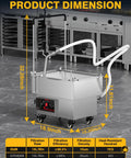 PYY Commercial Fryer Oil Filter Machine 18L Tank Fast 15 L/min Filtration Stainless Steel Grease Strainer dimensions displayed in restaurant kitchen.