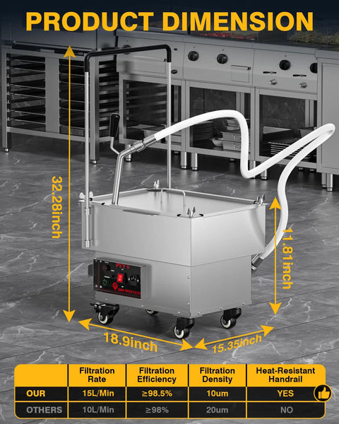 PYY Commercial Fryer Oil Filter Machine 18L Tank Fast 15 L/min Filtration Stainless Steel Grease Strainer dimensions displayed in restaurant kitchen.