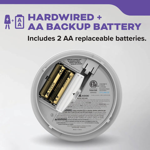 Premium Smoke And Carbon Monoxide Detector Hardwired With Aa Battery Backup 3 Pack showing 2 AA batteries inside.