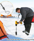 Person using Heavy Duty Ice Anchor Tool Kit For Ice Fishing Shelter Setup With Universal Drill Adapter on icy surface