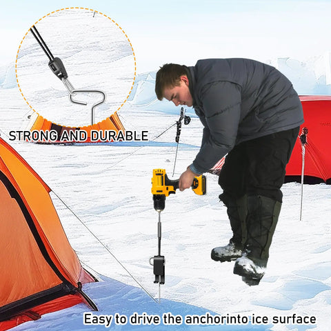 Person using Heavy Duty Ice Anchor Tool Kit For Ice Fishing Shelter Setup With Universal Drill Adapter on icy surface