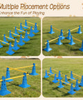Dog Agility Hurdle Cone Set For Backyard Training With 4 Adjustable Height Levels And Crossbar Rehab Friendly Obstacle Course Kit For Beginners displayed on grass with blue bases and yellow bars.