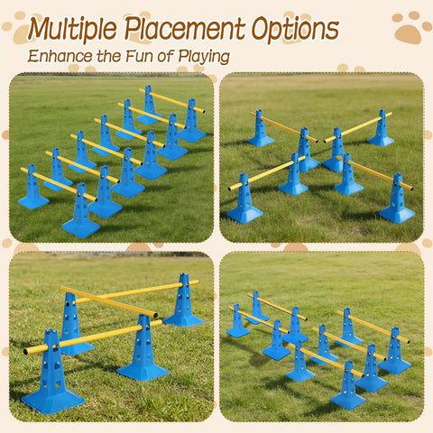 Dog Agility Hurdle Cone Set For Backyard Training With 4 Adjustable Height Levels And Crossbar Rehab Friendly Obstacle Course Kit For Beginners displayed on grass with blue bases and yellow bars.