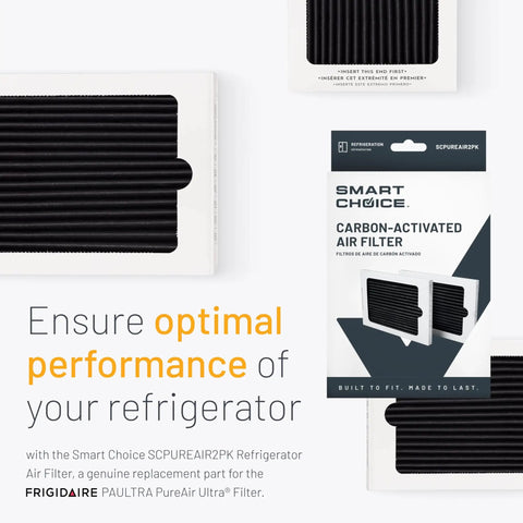 Refrigerator Air Filter 2 Pack Replacement For Frigidaire PureAir Ultra PAULTRA Includes Carbon Filtration For Odor Reduction And Freshness Boost In Your Fridge packaging and filter.
