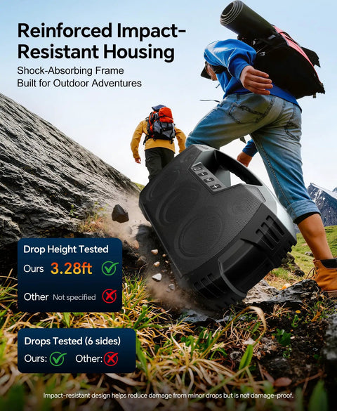 Rugged Outdoor Bluetooth Speaker IPX7 Waterproof with reinforced impact-resistant housing and hikers in background