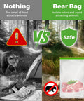 Comparison image showing bear attracted to food vs 3 Pack Odor Proof Bear Bags For Food Storage keeping meat safe in a campsite