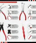 5 Piece Electrical Disconnect Pliers Kit With Gloves For Quick Release Auto Connector Tool For Fuel Lines Wiring Sensors And Coils Car Truck Repair Heavy Duty Set Red with detailed features of pliers and tools displayed.
