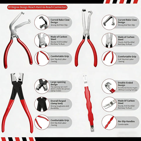 5 Piece Electrical Disconnect Pliers Kit With Gloves For Quick Release Auto Connector Tool For Fuel Lines Wiring Sensors And Coils Car Truck Repair Heavy Duty Set Red with detailed features of pliers and tools displayed.
