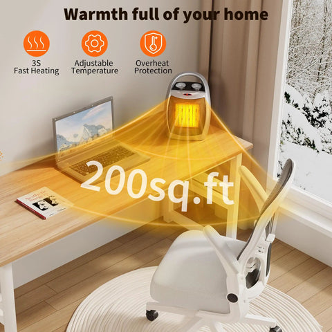 Portable Electric Space Heater With 1500W And 750W Modes, on desk emitting heat for office or home use, compact round design