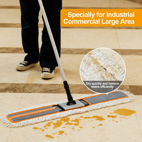 36 Inch Commercial Dust Mop With Long Handle And Pro Grade Heavy Duty Microfiber Pad cleaning marble floor in industrial area