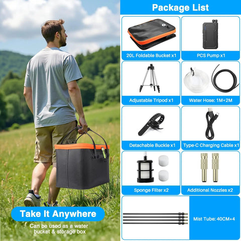 Person carrying Portable Misting System With Standing Frame 6000mAh Battery Powered Outdoor Mist Kit 20L Reservoir in field