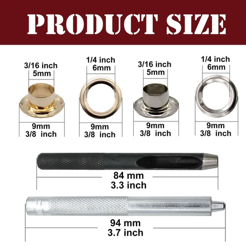 Must Have Reinforced Grommet Kit Set For DIY Projects 200 Pieces with size details of brass eyelets and tools.