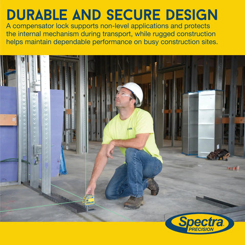 Hella Bright Green Laser Level Delivering Bangin Auto-Leveling Precision For Crisp 90 Degree Layouts Smooth One Man Wall Framing Door Alignments And Ceiling Track Setup in use on a construction site.