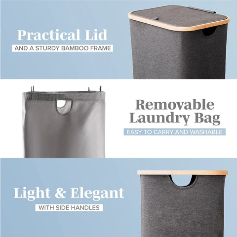 Breathable Fabric Laundry Hamper With Lid, Bamboo Frame, Side Handles, showing practical lid and removable laundry bag features.