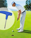 Golfer putting on green with 2 In 1 Golf Driver Adjustment Tool with T20 T25 Dual Heads and blue handle in foreground.