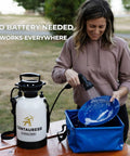 Person using Portable Camping Shower Pump With Showerhead Holder and Safety Valve Up To 45 PSI No Battery Needed Manual Pump