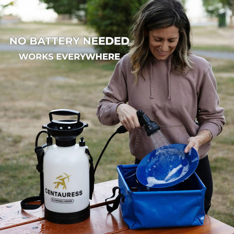Person using Portable Camping Shower Pump With Showerhead Holder and Safety Valve Up To 45 PSI No Battery Needed Manual Pump