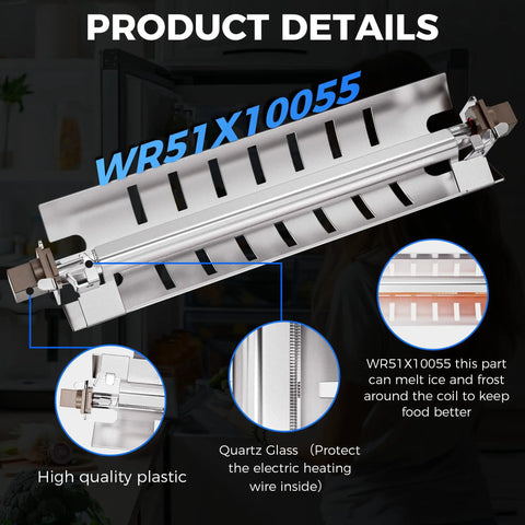 Upgraded Refrigerator Defrost Heater Kit With Built in Temperature Sensor For DIY Friendly Install And High Limit Thermostat For GE General Electric Kenmore Replace WR51X10055 WR55X10025 WR50X10068 Romalon, metal heater