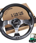 Classic Gray Golf Cart Steering Wheel Delivering Tight Grip And Quick Swap Vibes For Smooth Road Cruising Fits Most Ezgo Club Car And Yamaha Models Needs Separate Adapter Mount Bracket with packaging.