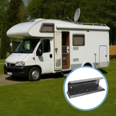 Top Shelf Heavy Duty Door Barricade Security Lock Travel Safe Kick Resistant Floor Brace Solid Aluminum Alloy Bulletproof Portable Hotel Room Anti Theft Shield beside a white camper van on grass.