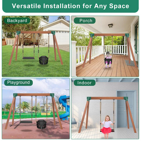 Heavy Duty Swing Set Brackets Kit With 2 Green A Frame Brackets Ready To Roll 4 Black Swing Hangers And 2 Black Swing Seats For Easy DIY Backyard Playground Setup For Kids And Toddlers