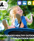 40 Inch Saucer Tree Swing With 600 Pound Capacity Includes 2 Straps And Carabiners Pillow Waterproof 900D Oxford Seat Steel Frame For Kids And Adults Backyard Blue with a child swinging outdoors.