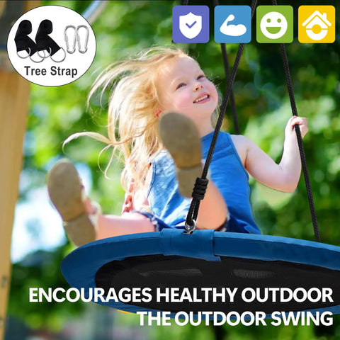 40 Inch Saucer Tree Swing With 600 Pound Capacity Includes 2 Straps And Carabiners Pillow Waterproof 900D Oxford Seat Steel Frame For Kids And Adults Backyard Blue with a child swinging outdoors.
