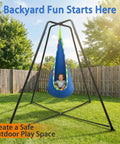 Heavy Duty Swing Frame For Indoor And Outdoor Use With 350 Lbs Capacity in backyard with child on a hanging swing.