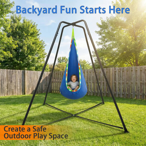 Heavy Duty Swing Frame For Indoor And Outdoor Use With 350 Lbs Capacity in backyard with child on a hanging swing.