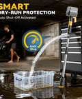 Cordless 840 GPH Brushless Water Transfer Pump with auto shutoff filling container from hose with toolbox in garage setting