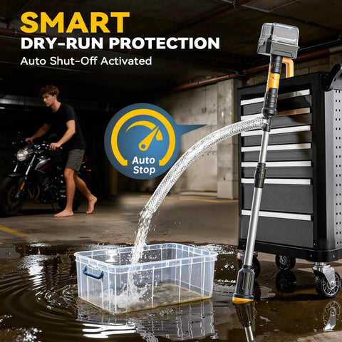Cordless 840 GPH Brushless Water Transfer Pump with auto shutoff filling container from hose with toolbox in garage setting