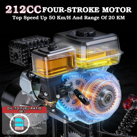 212cc four-stroke motor for gas powered go kart with oil-to-fuel ratio 20:1, highlighting engine speed and power features.