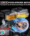 212CC four-stroke motor with transparent coverings, gear assembly visible, top speed 50 km/h, oil-to-fuel ratio 20:1