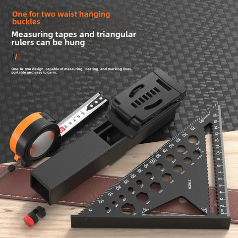 7 Inch Carpenter Square Set With 5 Meter Steel Tape And Belt Loop Aluminum Alloy Rafter Square featuring angle positioning block and tape holder.