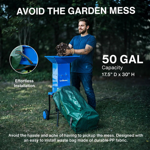 Man using Electric Leaf Mulcher Shredder For Yard Cleanup, Heavy Duty 120V, 11 Inch Cutting Blade, 0.5 Inch Max Capacity