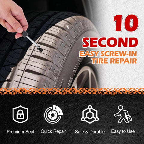 Hand using Quick Fix Tire Plug Repair Kit With 100 Self Service Screws In Small Medium And Large Sizes for easy tire repair