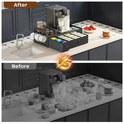 Coffee Pod Drawer Organizer For Countertop That Holds 52 Pods K Cup And Nespresso Capsules With Mug Rack in black on kitchen counter