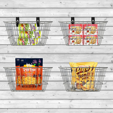 Slatwall baskets holding packaged snacks mounted on a slatted wall for organization and display