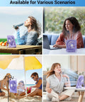 Portable Desk Fan With 5000mAh Battery Delivers Up To 25 Hours Of Quiet All Day Breeze For Office Sleep Travel And Camping Rechargeable Mini Fan With LED Battery Display Purple in various settings including beach and office.