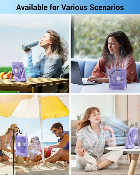 Portable Desk Fan With 5000mAh Battery Delivers Up To 25 Hours Of Quiet All Day Breeze For Office Sleep Travel And Camping Rechargeable Mini Fan With LED Battery Display Purple in various settings including beach and office.