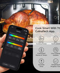 Long Range Wireless Meat Thermometer For Smoker And Grill With Dual Probes, 750ft Bluetooth Reach showing app control next to oven