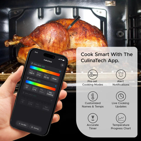 Long Range Wireless Meat Thermometer For Smoker And Grill With Dual Probes, 750ft Bluetooth Reach showing app control next to oven