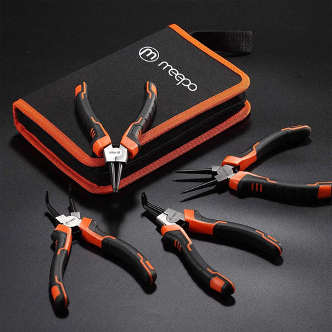 Heavy Duty Snap Ring Pliers Set 7 Inch 4 Piece Internal External Circlip Tools With Straight And 90 Degree Bent Jaws Pro Grade Build And 5/64 Inch Tip Ring Remover And Retaining Pliers In Portable Pouch, displayed on a dark surface.