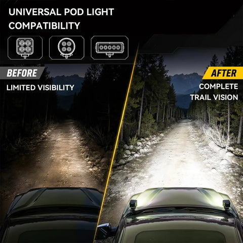 Comparison of visibility before and after using Heavy Duty Hole Free Ditch Light Brackets For 2024 2026 Toyota Tacoma And 2022 Plus Tundra With 2025 Plus 4Runner Hood Mount Led Pods Featuring Straight Bolt On Setup And Sleek Blacked Out Hardware.