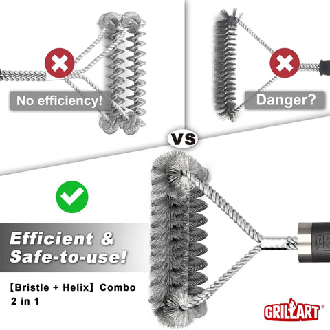 Comparison of ineffective brushes vs effective Wire And Helix 2 In 1 Grill Brush Grillin Safe And Efficient Grill Cleaning 18 Inch BBQ Cleaner Scrubber