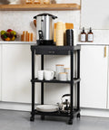 Three Tier Rolling Utility Cart With Secure Locking Casters, versatile kitchen cart holding mugs, tea kettle and coffee station in matte black.
